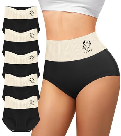 Women's Cotton Underwear High Waisted Tummy Control Panties 5 Pack - color: Black, size: Medium