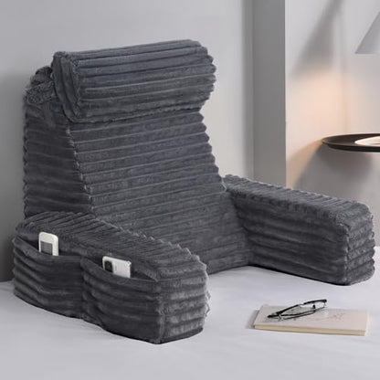 ENITYA 19" Large Back Pillow for Bed Sitting Up with Armrests & Big Pockets - color: Dark Grey, size: L(Under 5'3")