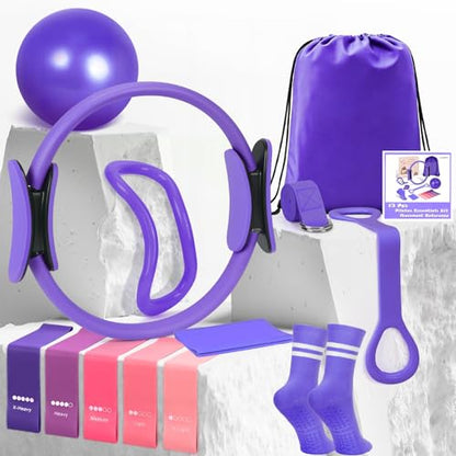 Pilates Kit for Women 13PCS, Pilates Ring Ball Resistance Bands Workout Set - color: Purple