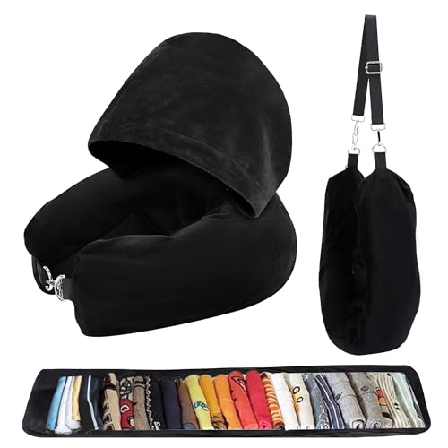 Stuffable Travel Neck Pillow with Hood, Soft Velvet Fabric,Black - size: Type A