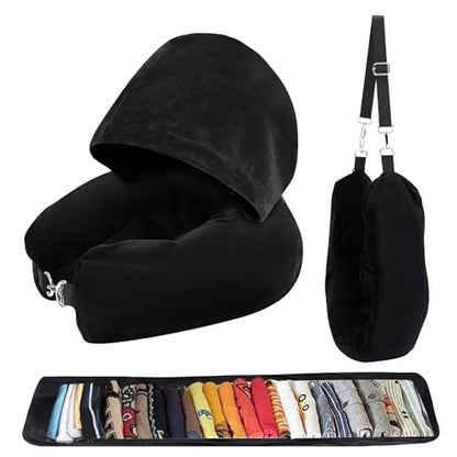Stuffable Travel Neck Pillow with Hood, Soft Velvet Fabric,Black - size: Type A