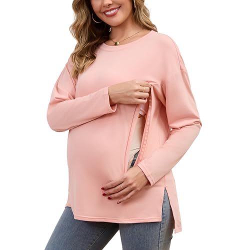 Women's Nursing Shirts Long Sleeve with Hidden Zipper Oversized Breastfeeding Tops Side Split Maternity Blouse - color: Dusty Pink, size: Medium