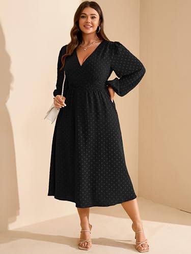 RWJ Women's Plus Size Fall Wedding Guest Dress V Neck Swiss Dot Long Sleeve - color: Black, size: 3X-Large Plus
