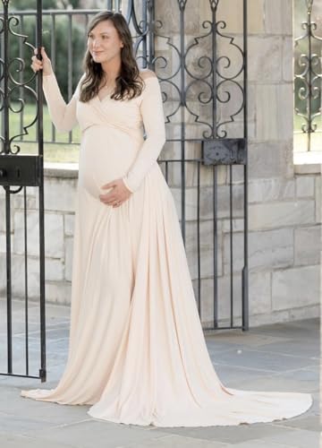 Saslax Off Shoulder Maternity Maxi Dress for Photoshoot - color: Champagne, size: X-Large