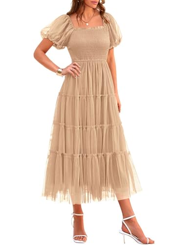 PRETTYGARDEN Women's Summer Smocked Midi Tulle Dress - color: Apricot, size: X-Large