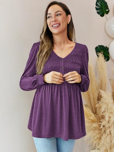 FMEYOA Maternity Tops V Neck Puff Sleeve Smocked Button Maternity Shirts - color: Purple, size: Medium