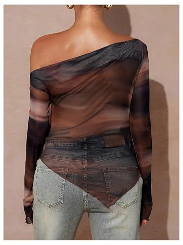 MakeMeChic Women's Maternity Clothes Fall Tie Dye Asymmetrical Blouse Tops - color: Brown, size: Large