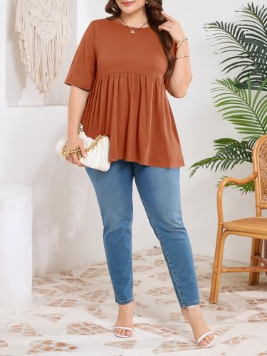 Cicy Bell Womens Babydoll Tops Plus Size Tunic Summer Flowy Peplum Shirts - color: Brick Red, size: Medium