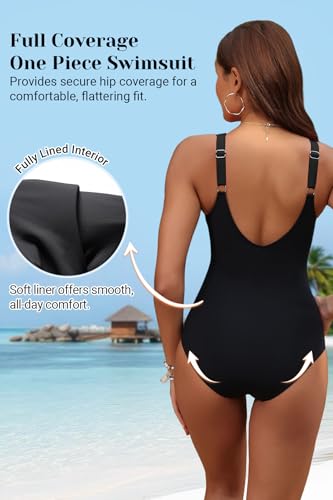Women's Tummy Control One Piece Swimsuit Push Up Full Coverage Bathing Suit - color: Black, size: 20 Plus