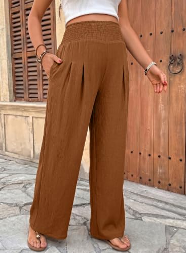 BLENCOT Women's Maternity Pants Smocked Palazzo Pregnancy Trousers - color: Camel, size: Large
