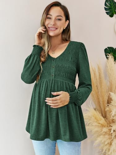 FMEYOA Maternity Tops V Neck Puff Sleeve Smocked Button Maternity Shirts - color: Dark Green, size: Large