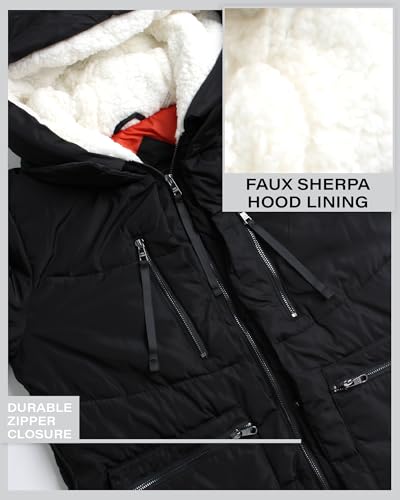Steve Madden Womens Winter Jacket, Midlength Puffer Parka Coat, Sherpa Hood - color: Black, size: 1X