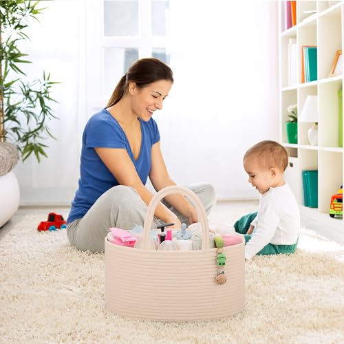 COMSE Large Cotton Rope Baby Diaper Caddy Organizer with Handles, Beige - color: Beige, size: Large