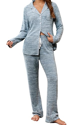 Anjue Pajamas For Women Set Long Sleeve Button Up Sleepwear Soft Pjs - color: 1blue, size: Large