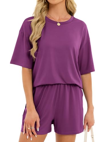 Women's 2 Piece Short Sets Loose Lounge Sets Summer Matching Sets - color: Purple, size: Small