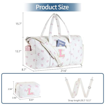 Personalized Quilted Duffle Bag for Travel Gym Weekender Hospital Carry On - color: Pink Bow, size: L