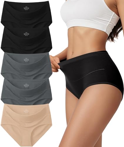 Vevmon Cotton Underwear for Women High Waisted Soft Ladies Panties 5 Pack - color: Black*2 + Grey*2 + Nude, size: Large