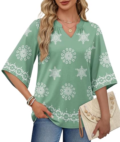 WIHOLL Boho Tops for Women Summer Spring 3/4 Sleeve Dressy Fashion V Neck Casual 2026 Business Beach Plus Size Resort Blouses - color: Light Green, size: Large
