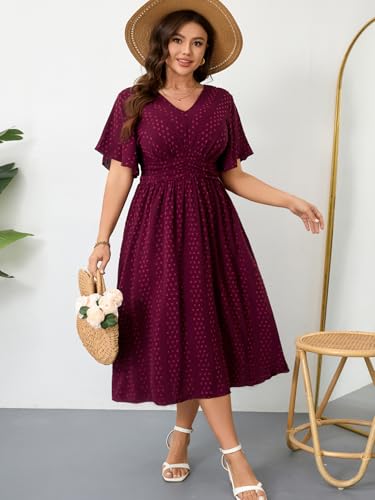 RWJ Women's Plus Size Maxi Dress V Neck Short Sleeve Swiss Dot Swing Summer - color: Wine Red, size: 3X-Large Plus