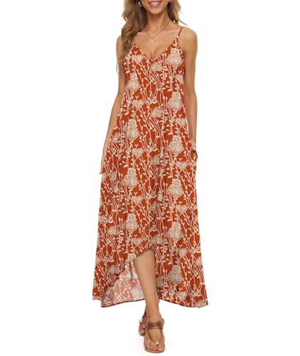 LILBETTER Women V-Neck Polka Dot Print Spaghetti Strap Boho Long Maxi Dresses - color: Flower Orange, size: Small