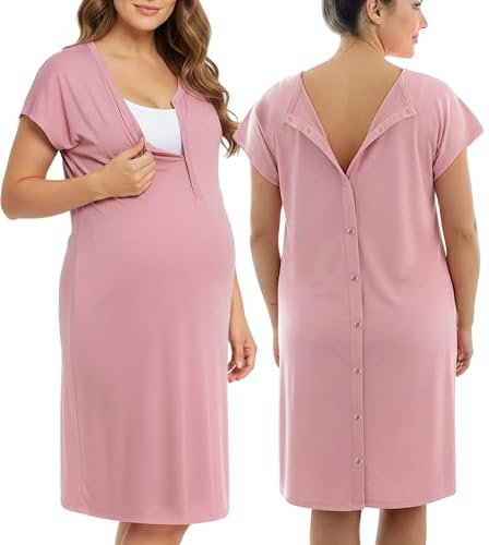PATPAT Maternity Labor and Delivery Gown, Womens Hospital Gown with Pockets - color: Light Pink, size: Large (Fit L/XL)