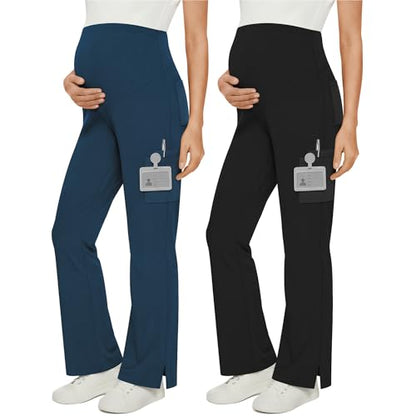 2 Pack Women's Maternity Wide Leg Cargo Scrub Pants - color: Emerald Green, Black, size: XX-Large