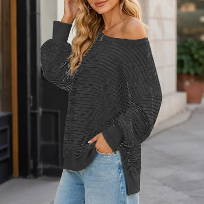 Fall Tops for Women 2026 off Shoulder Striped Top Long Sleeve Pullover Tops - color: Khaki, size: X-Large
