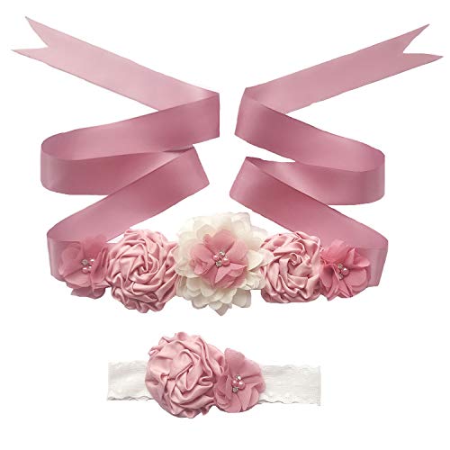 Lauthen.S Maternity Flower Sash Belt Headband Set, Women Girls Wedding Baby Shower Sash - color: Dusty Pink