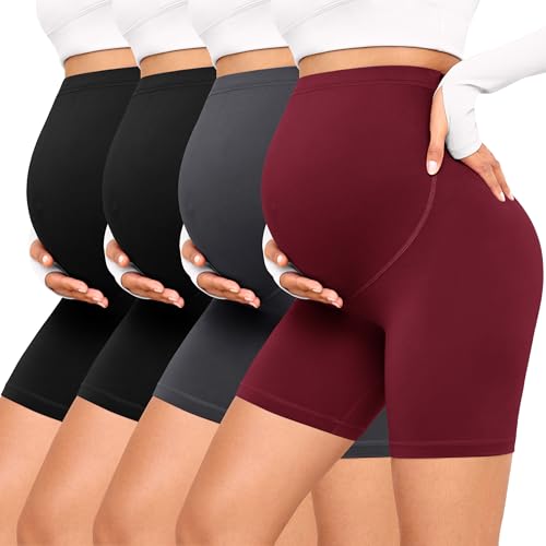VALANDY Creamlush 4 Pack Maternity Shorts Over the Belly 5"/8" - color: 5 Inch - Black*2/Dark Grey/Wine Red, size: Small