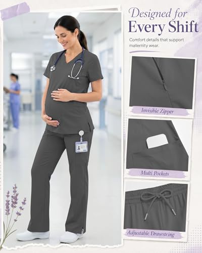 Women's Maternity Scrub Top Pant Set - color: Gray, size: Large