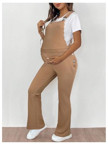 OYOANGLE Women's Maternity Side Button Jumpsuit Sleeveless Overalls - color: Khaki, size: X-Small