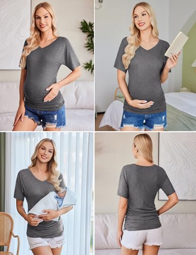 Ekouaer 3 Pack Maternity Shirts V Neck Pregnancy Tops Tunic Blouse Summer - color: Black/Blue/Grey, size: X-Large