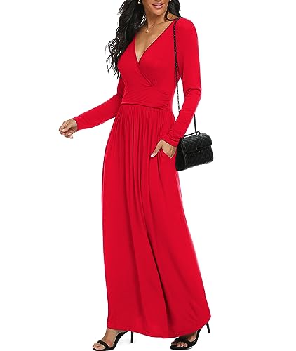 LILBETTER Women Long Sleeve Deep V Neck Loose Plain Long Maxi Casual Dress - color: Red, size: X-Large