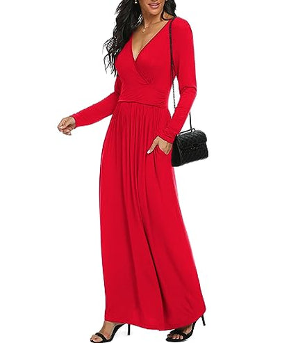 LILBETTER Women Long Sleeve Deep V Neck Loose Plain Long Maxi Casual Dress - color: Red, size: Medium