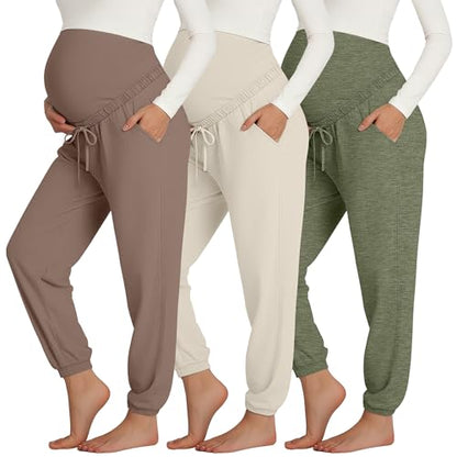 3 Pack Women's Maternity Jogger Pants with Pockets - color: Coffee, Apricot, Sage Green, size: Large