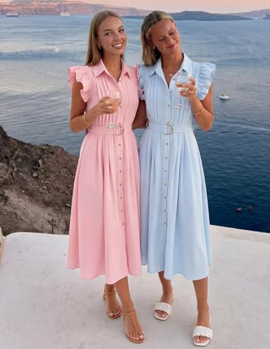 ZESICA Womens Summer Button Midi Dress Casual Work Dresses - color: Light Blue, size: Medium