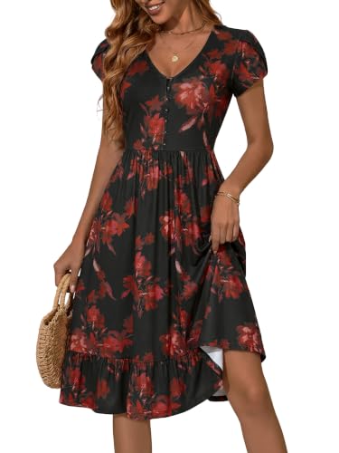 FENSACE Tulip Sleeve V Neck Button Down Dress with Pockets - color: Black Red Floral-4, size: X-Large