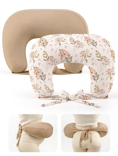 lulumoon Muslin Nursing Pillow Covers: with Strap for Snug Fit & No Sliding - color: Mocha & Flower