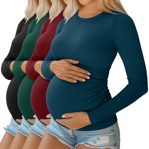 Ficerd 4 Pack Women's Maternity Shirts Long Sleeve Pregnancy Top - color: Black, Dark Green, Wine Red, Teal Blue, size: Large