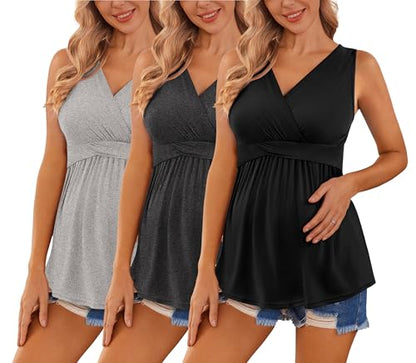 Ekouaer 3 Packs Maternity Tank Tops Sleeveless V Neck Nursing Tops - color: Black / Dark Grey / Light Grey(3pcs), size: Small