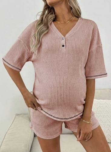 BLENCOT Maternity Pajamas Nursing Set Shorts Pregnancy Pj Sets - color: Light Pink, size: X-Large