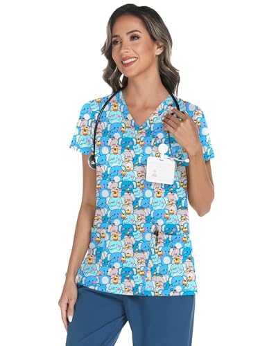 LOMON Women's V Neck Printed Scrub Top with 3 Pockets - color: Elephant Family, size: XX-Large