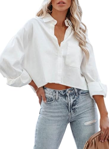 LAYOGAS Womens Crop Button Down Shirts Casual Long Sleeve Lapel Blouse - color: 01-white, size: Medium