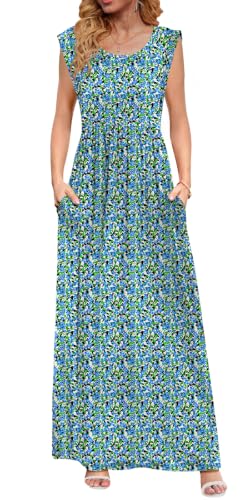 DB MOON Womens 2026 Maxi Dresses Empire Waist Long Summer Dress Casual Cap Short Sleeve Sundress with Pockets - color: Blue-bloom Leaf, size: Small