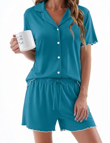 Ekouaer Womens Pajama Sets Button Up Pjs Shorts Set Soft Sleepwear S-XXL - color: Blue Green, size: Medium