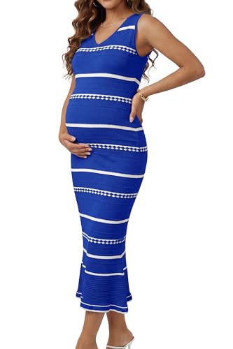 OUGES Women's Stretchy Striped Bodycon Midi Spring Casual Maternity Dress - color: Bright Blue Stripes, size: Large