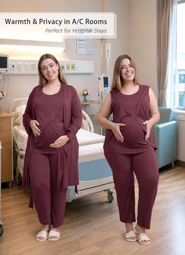 Rnxrbb 4 PCS All-Season Nursing Pajamas Robe Set Maternity Postpartum Pjs - color: Deep Purple, size: X-Large