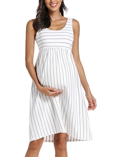 Ecavus Maternity Tank Dress, Striped Block Sleeveless for Baby Showe - color: White Grey Stripe, size: Medium