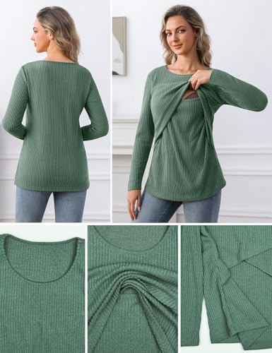 Bhome Maternity Shirts 3Packs Ribbed Long Sleeve Pregnancy Top Double Layer Nursing Tops for Breastfeeding - color: Black/Green/Caramel, size: Medium