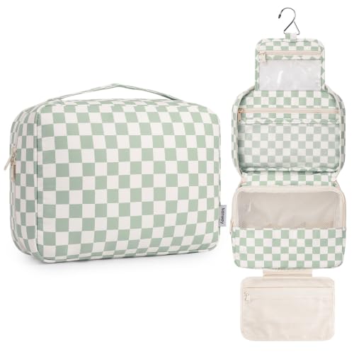 Narwey Hanging Travel Toiletry Bag for Women, Large Makeup Cosmetic Bag - color: A-Mint Green Checkerboard